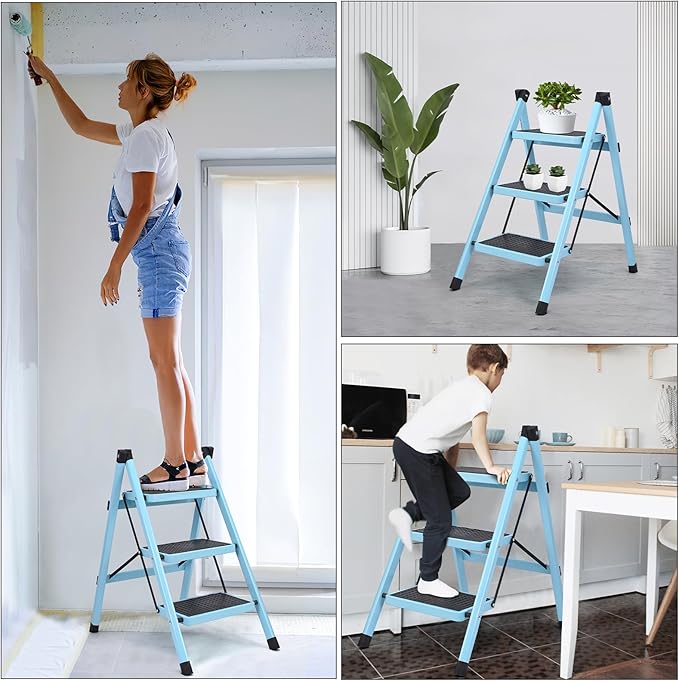 3 Step Ladder, Folding Step Stool for Adults, Lightweight Aluminum Step Ladder, Portable 330 LBS Capacity Ladders for Home Kitchen Library Office, Small Step Stools with Anti-Slip Wide Pedals, Blue