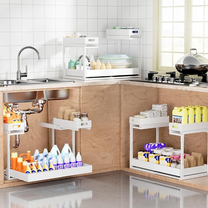 Upgrade 1 Pack Expandable Under Sink Organizers and Storage, 2 Tier Metal Pull Out Cabinet Organizer with 3 Slide Rails, Adjustable Height Slide Out Under Sink Drawers for Kitchen Bathroom Pantry