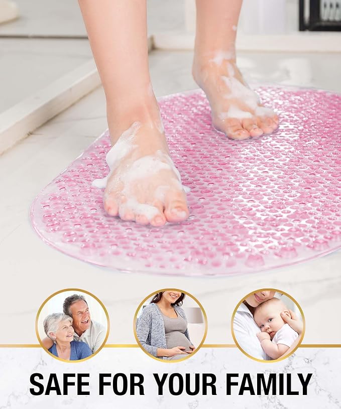 HITSLAM Oval Bath Mat for Tub, 27x15 Inch Bubble Bathtub Mat Non Slip, Machine Washable Bathroom Shower Mat with Drain Holes and Suction Cups, Bathroom Accessories Pink