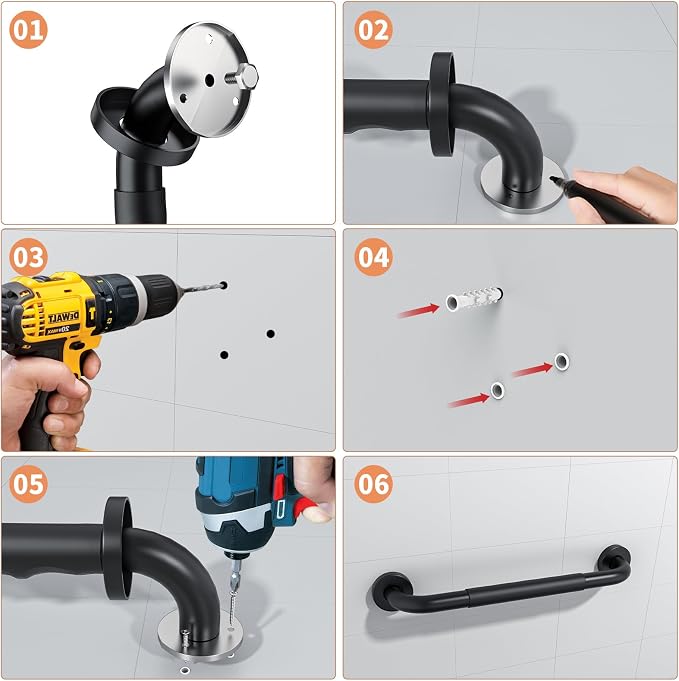 2 Pack 16 Inch Black Shower Grab Bar w/Anti Slip Rubber Grip,ZUEXT Stainless Steel Bath Grab Bar,Bathroom Balance Bar,Wall Mount Safety Handrail Support,Handicap Injury Elderly Senior Assist Handle