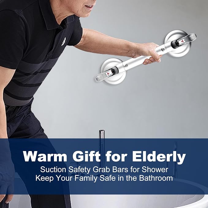 𝗨𝗽𝗴𝗿𝗮𝗱𝗲𝗱 Suction Cup Grab Bars for Bathtubs and Bathroom, Tool Free Shower Handle, Grab Handle for Elderly Suction with Indicators, Shower Grab Bar for Seniors, Heavy Duty,Sliver