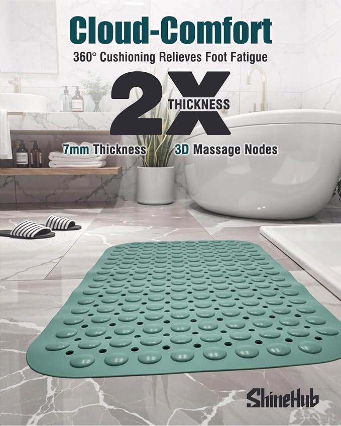 Non Slip TPE Bath Mat, Heavy Non Floating Shower Mat, 28x16, Green | Strong grip, 166 suctions, 144 drains, 7mm extra-thick cushioned layer, washable, for bathroom shower tub floor