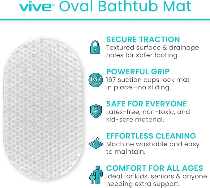 Vive Oval Bathtub Mat - Nonslip Shower Floor Pad - Non-Slip and Non-Skid for Bath Tub with Strong Rubber Suction Cup Grip - for Baby, Elderly, Kids, Bathroom (Gray)