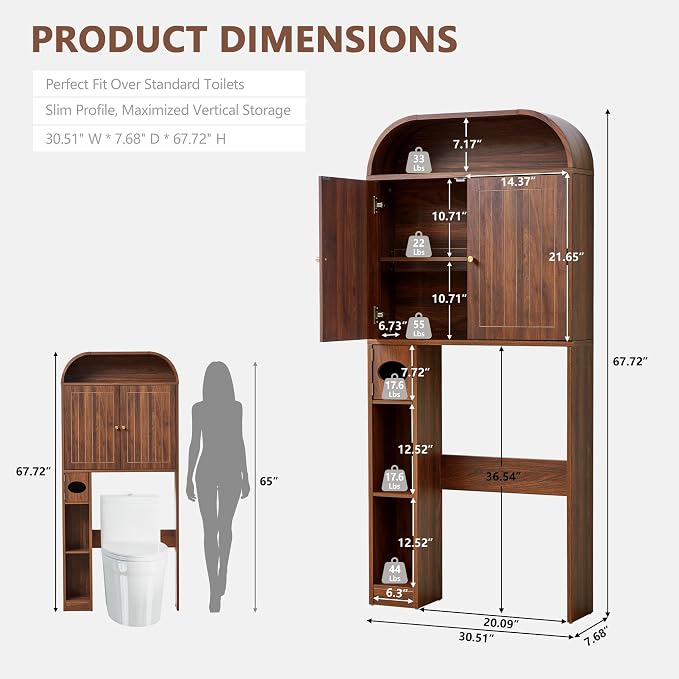 LEVNARY 31" Wide Over the Toilet Storage with Toilet Paper Holder, Arched Bathroom Organizer with Fluted Doors, 4-Tier Space Saving Freestanding Cabinet with Adjustable Shelves (Walnut)