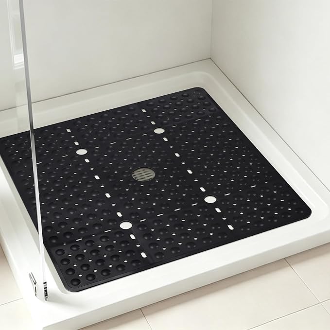 ZOESOE Square Shower Mat Non Slip: 27 x 27 Inches Large Shower Mats for Inside Shower, Soft TPE Shower Floor Mat with Suction Cups and Drain Holes, Machine Washable