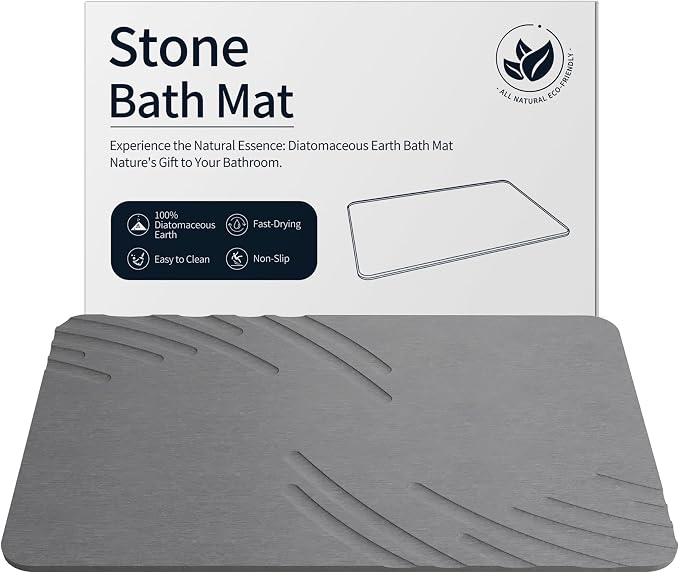 ZIKIBL Stone Bath Mat Diatomaceous Earth Shower Mat Non-Slip Super Absorbent Diatomite Stone Mats for Bathroom Floor/Ktichen Cuonter Quick-Drying Easy to Clean (24''*16'' Grey-Feather)