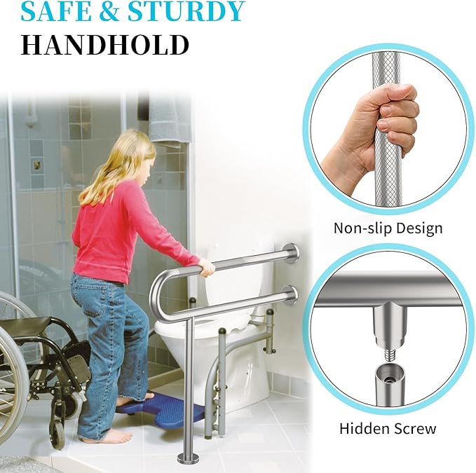 Toilet Support Rail 32 Inch, Munzong Anti-Slip Satin Brushed Nickel Handicap Grab Bar for Bathroom, Stainless Steel Knurled Safety handrails with Leg for Elderly Disabled Pregnant-1.25’Tube