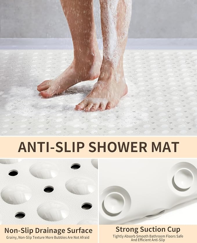 Yolife Extra Large TPE Shower Mat, 47.2" L x 31.5" W Anti Slip Bath Mat with Drain Holes and Suction Cups, Large Size Mat More Suitable for Shower Stall, No Odor, Heavy Mat (White, 47.2" x 31.5")