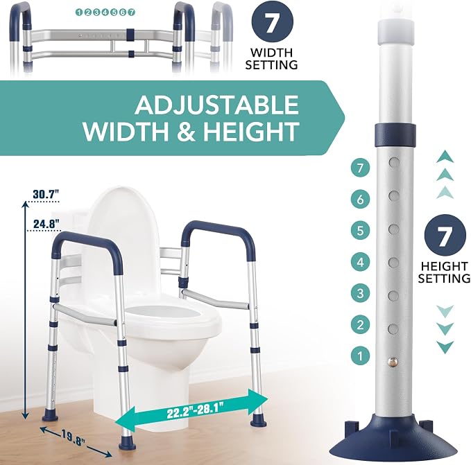 HOMENURSE Toilet Safety Rails for Seniors (350 lb), Adjustable Height & Width Toilet Safety Frame for Elderly, Disabled, Foldable Handicap Toilet Handles with Suction Cups, Fits Most Toilets