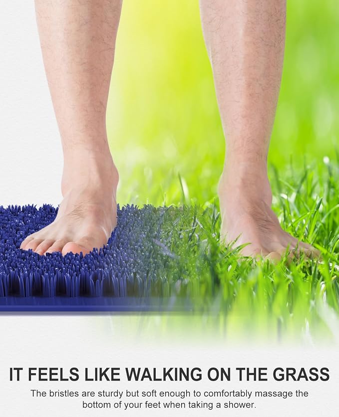 OTHWAY Non Slip Grassy Bathtub Mat : 25.6X13.4 Inches Sturdy But Soft Bath Mat_Quick Drain Shower Floor Mat with Soft Bristles for Scrubbing Feet (Navy Blue)