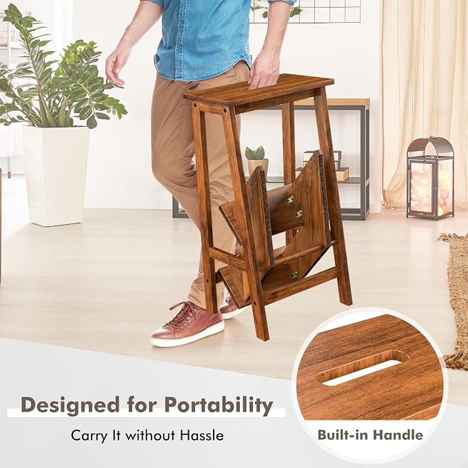 DORTALA 3 Tier Folding Step Stool, Rubber Wood Multifunctional Ladder Chair Bench, Portable Utility Seat, Flower Rack, 200 Lbs Capacity, Ideal for Library, Home (Brown)