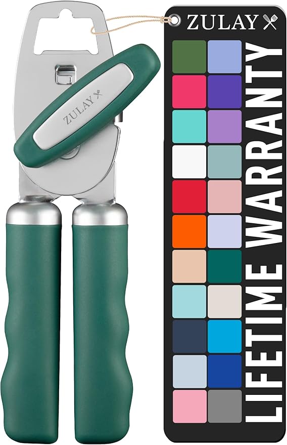 Zulay Kitchen Heavy Duty Stainless Steel Can Opener Manual with Bottle Opener - Rust Proof Manual Can Opener With Turn Knob & Comfy Soft Grip Handles - Pine Green