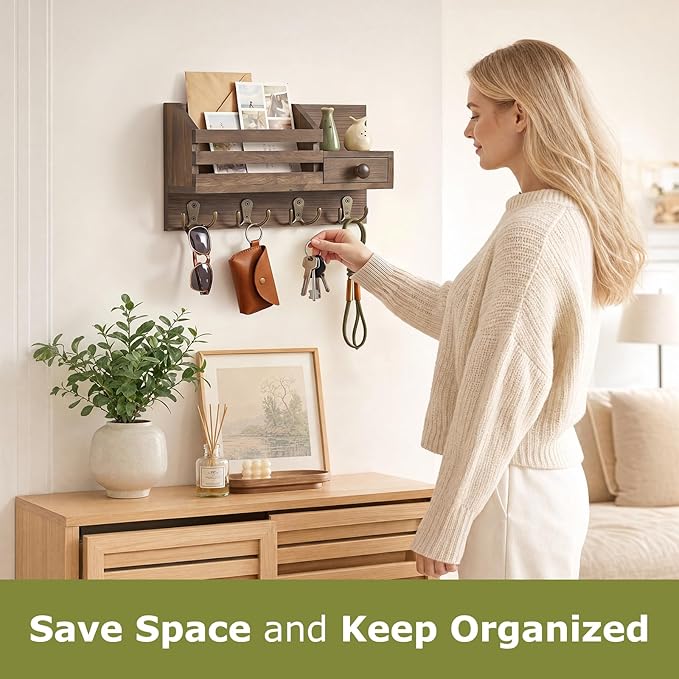Key Holder Wall Mount, Wooden Adhesive Mail and Key Organizer with Drawer, Small Shelf, 8 Hooks, 2 Installation Methods, Brown