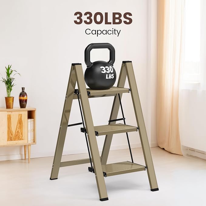 HBTower Step Ladder,Lightweight Aluminum Folding Step Stool with Anti-Slip Wide Pedal,330lbs Capacity Step Ladder for Household,Kitchen,Office - Gold