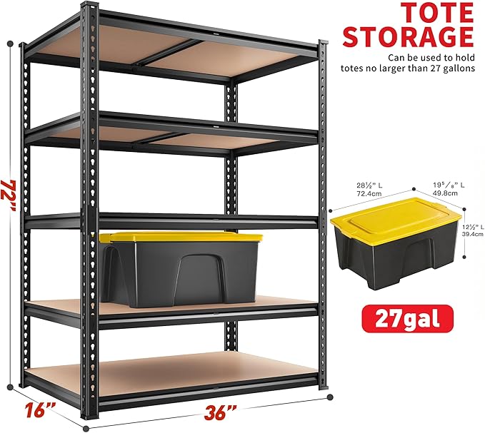 REIBII 2400LBS Garage Shelving 5 Tier Storage Shelves Heavy Duty, Adjustable Metal Shelving Unit,Garage Shelves for Basement,Warehouse,Pantry,Closet,Kitchen 72" H x 35.55" W x 16" D,2 Pack | Heavy Duty
