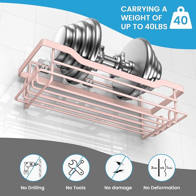 Pink Shower Caddy Shelves Organizer Rack, Single Pack Shower Shelf for Shampoo Soap Bathroom Waterproof Adhesive Holder, No Drilling Wall Mounted