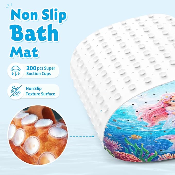 XIYUNTE Baby Bath Mat for Tub Non Slip Kids, BPA Free Extra Long Bathtub Mat 40x16 with Drain Holes and 200 Suction Cups, Non Toxic Machine Washable Toddler Bath Mat, Eco-Friendly Certified