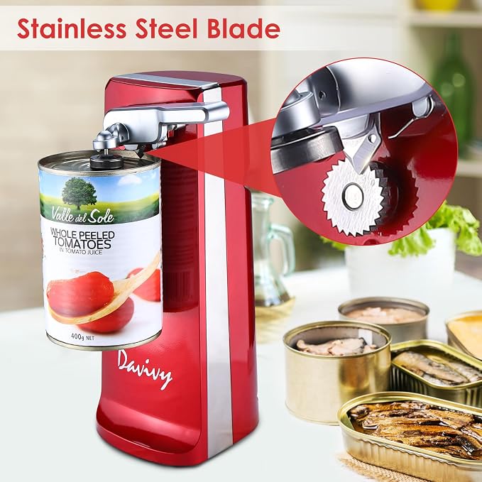 Davivy Can Opener Electric,Removable Stainless Steel Cutter and 3-in-1 Design with Sharpener and Bottle Opener (Red)