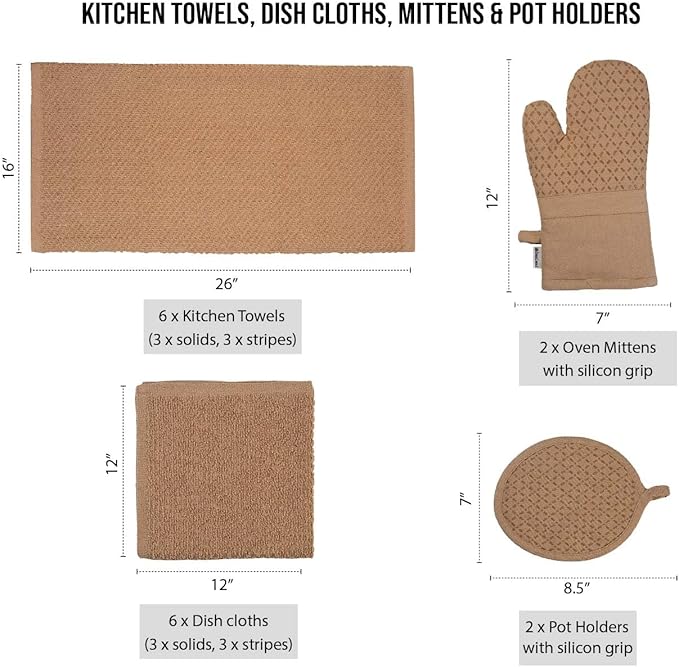 LANE LINEN 16 Piece Kitchen Dish Cloths Set - 100% Cotton Dish Towels, Heat Resistant Kitchen Mittens and Pot Holder Set, Reusable Dish Rags for Washing Dishes, Dish Towels for Kitchen Drying - Beige