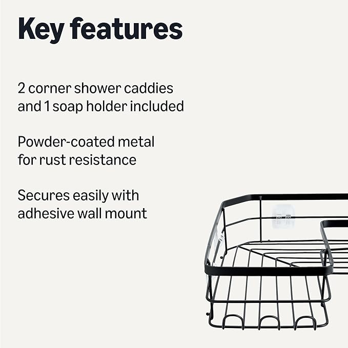 Amazon Basics Corner Shower Caddy Organizer with Soap Holder, Adhesive Wall Mount, Rust Resistant Powder-Coated Stainless Steel, Black, Set of 3