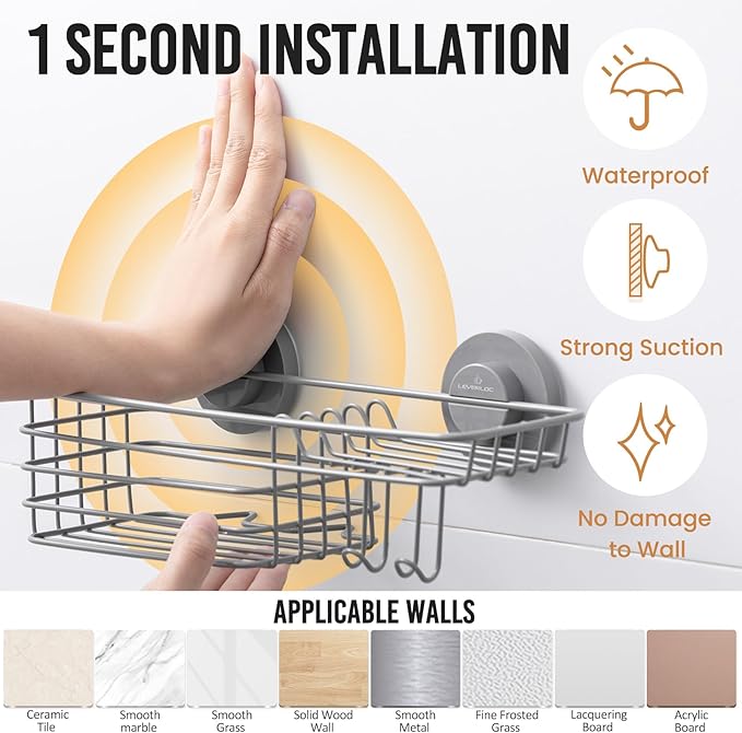 LEVERLOC Shower Caddy Suction Cup, Heavy Duty Bathroom Organizer for Inside Shower with Hooks & Soap Holder， NO-Drilling Bathroom Shower Holder-Grey