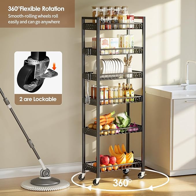 6 Tier Slim Storage Cart, Narrow Rolling Cart with Wheels, Narrow Mobile Utility Shelf Unit Organizer for Kitchen, Bathroom, Laundry Room, Living Room, Small Places, 10in(W), Black