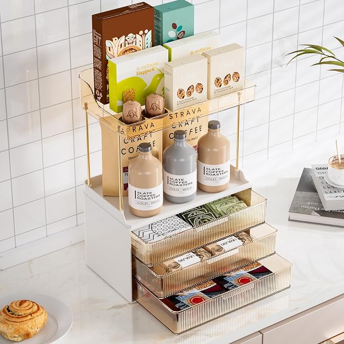 Delamu Bathroom Organizers and Storage, 2 Tier 3 Drawer Makeup Organizer Countertop, Easy to Install, Ideal for Bathroom Counter, Vanity, Ideal Gifts for Women Girls, Amber