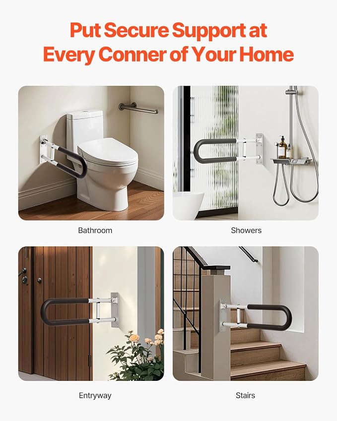 VEVOR Toilet Safety Rail, 23.8 Inch U-Shaped Handicap Grab Bar, Foldable Senior Safety Pole, Flip Up Toilet Grab Bar with Anti-Slip Support Handle, 300 Lb Load Capacity for Elderly, Disabled, Pregnant