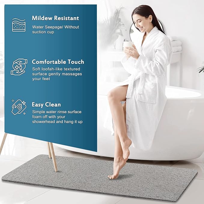 godehone Shower Mats Non Slip Without Suction Cups, PVC Loofah Bathroom Mats, Loofah Mats for Shower and Bathroom, Quick Drying, 17.1× 59 Inch, Grey
