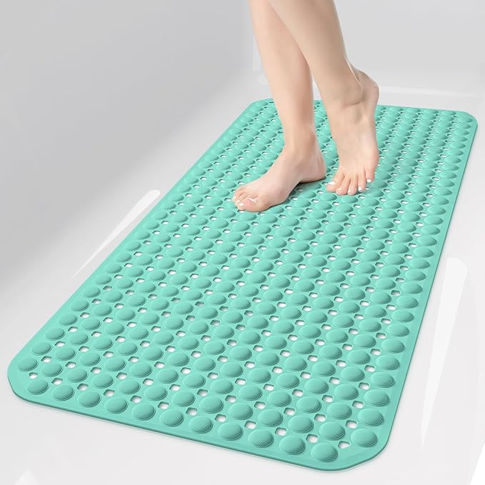 OTHWAY Bath Tub Shower Mat Non Slip, Bathtub Floor Liner Mats for Inside Shower Bathroom, Suction Cups and Drain Holes for Feet Scrubbing, Machine Washable, Soft on Feet, 35x16 Inch, Light Green