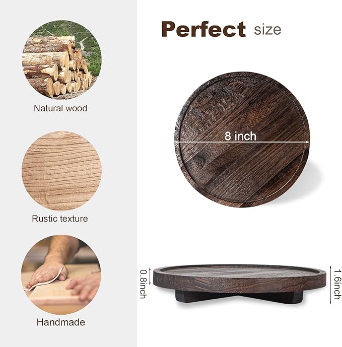 Round Decorative Tray Wood Bathroom Counter Organizer Farmhouse Kitchen Decor Wooden Riser for Soap Dish, Perfume, Candle, Sponge, 8" - Bark Brown
