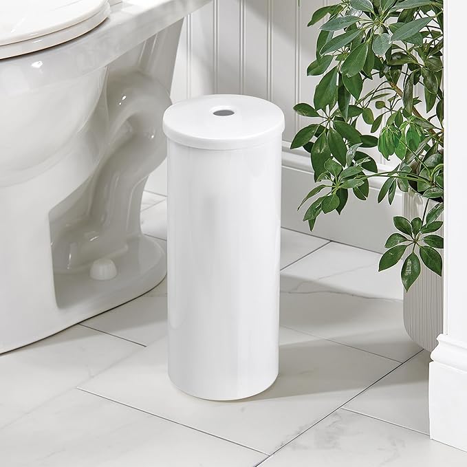iDesign Freestanding Toilet Paper Canister with Lid for 3 Extra Rolls, White, Made in USA