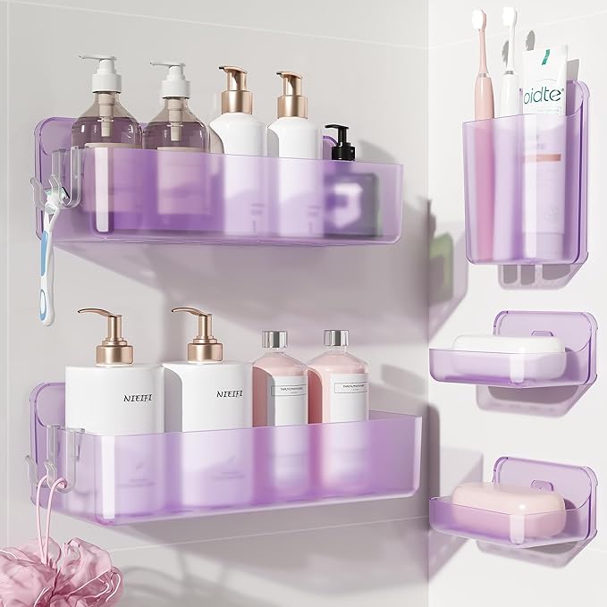 Nieifi Adhesive Wall Shelf, Shower Shelves, Shower Organizer for Bathroom Organization (Purple-Clear, 5 pieces)