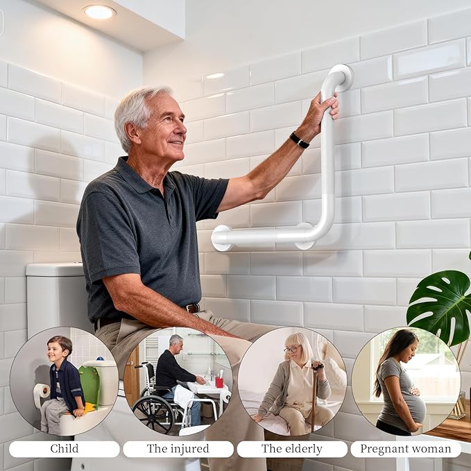 Angled Grab Bar 16x16 Inch White, Knurled L-Shaped Shower Grab Bar w/16 Inch Straight Bathtub Toilet Safety Handrail Wall Mounted, Anti Slip Balance Support Bar for Seniors Elderly Injury Handicap