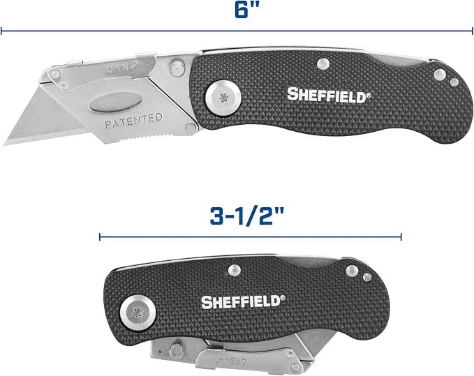 Sheffield Folding Utility Knife, Accepts Standard Utility Knife Blades, Box Cutter Aluminum Handle, Razor Blades Included, For Home, Office, Trades, and Warehouse