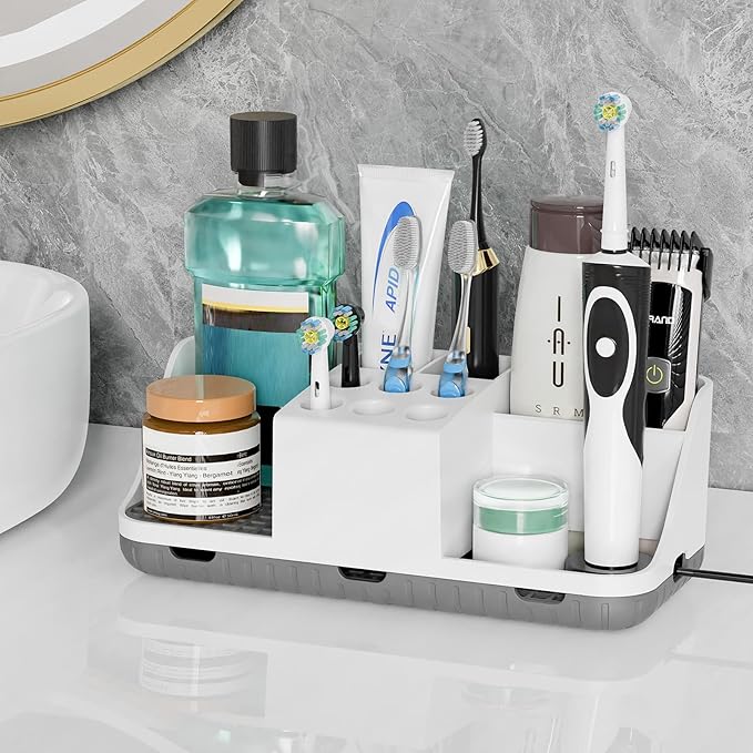 Boperzi Electric Toothbrush Holders with Cord Slots: Detachable Toothbrush and Toothpaste Holders, Large Tooth Brush Storage Caddy Set Drainage, Anti-Slip Bathroom Counter Organizer for Family, Kids