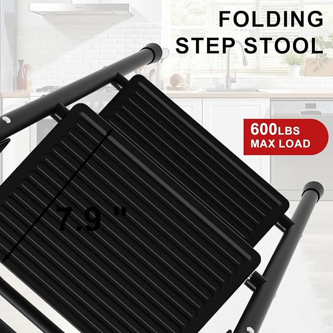 4 Step Ladder Folding 330lbs Anti Slip，Foldable Ergonomic with Wide Pedal for Home, Kitchen, Offic Matte Black