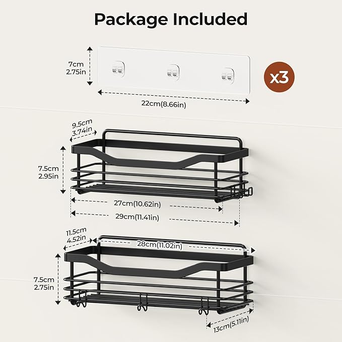 Orimade Shower Caddy Basket Shelf Storage Rack, No Drilling Wall Mounted Adhesive Rust Resistant Stainless Steel Shower Organizer with 5 Hooks for Bathroom, Black 2 Pack
