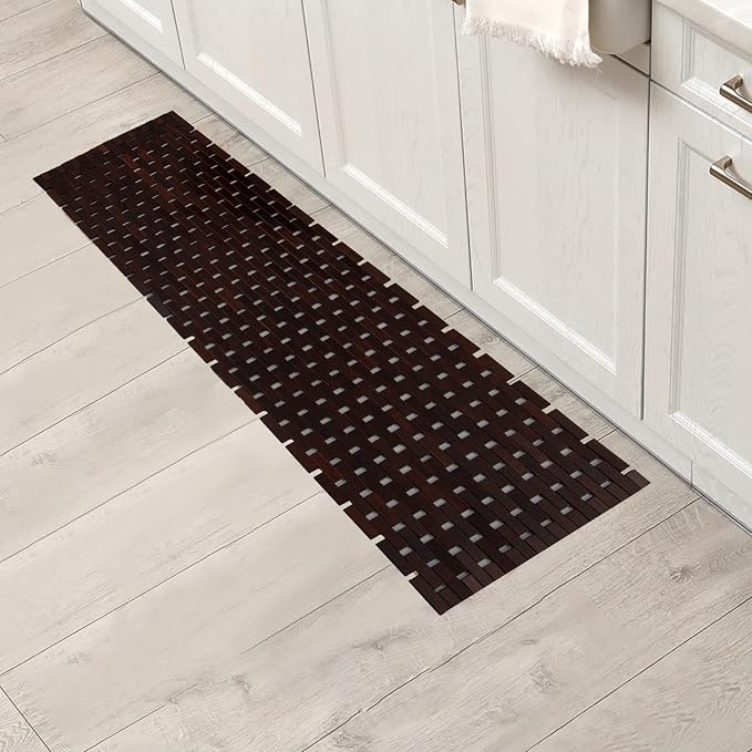 Bath Mat Bathroom Runner Long Large Rugs Floor Wood Shower Bathtub Waterproof Non Slip Accessories 16x48 Inch Easy to Clean, Brown, 1 pc