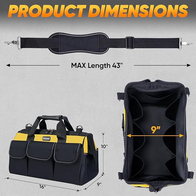 TICONN Tool Bag with Multi-Pockets Wide Mouth Tool Tote with Safety Reflective Straps, Adjustable Shoulder Strap and Ergonomic Handle (Yellow, 16" Standard Base)