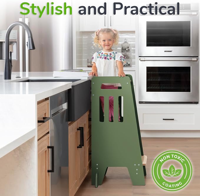 OCODILE Toddler Tower with a Sliding Door and 3 Adjustable Heights - Safe Toddler Kitchen Step Helper with Support Feet - Updated Design for 18+ Months to 6-Year-Old Kids - Green