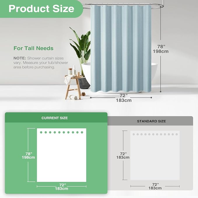 Dynamene Long Fabric Shower Curtain - 78 inch Long Waffle Weave Weighted Cloth Shower Curtains for Bathroom, Neutral Heavy Duty Hotel Spa Luxury Bath Curtain Set with 12 Plastic Hooks,72x78, Fog Blue