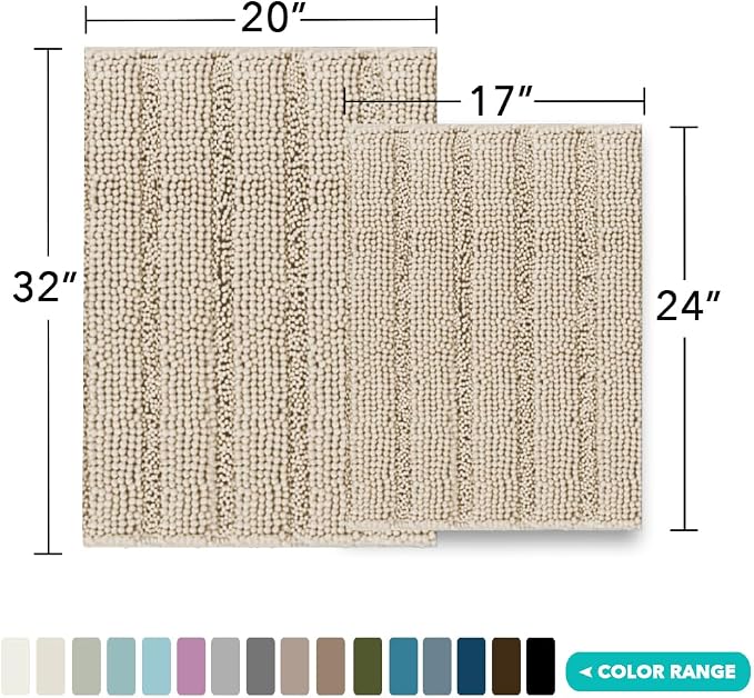 Turquoize Chenille Bathroom Rugs Set Non-Slip Bath Mats Extra Soft and Absorbent Shaggy for Floor Indoor Mat Kitchen/Entryway (20" x 32" and 17" x 24"), Fog
