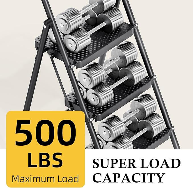 Urackify 3 Step Ladder, Portable Folding Ladder for Multi-Purpose, Home, Kitchen, Heavy Sturdy Steel Step Stool with Handrail, Anti-Slip Wide Pedals, Safe-Lock Design, Pass 500lbs Load Testing, Black