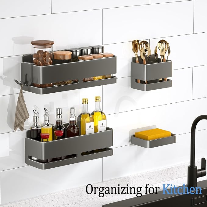 Bathroom Shower Caddy (5-piece Set Storage Rack), wall-Mounted Shelf with soap Dish and Toothbrush Holder, no Drilling Required, Ideal for Bathroom Storage and Also Suitable for Kitchen (Grey)