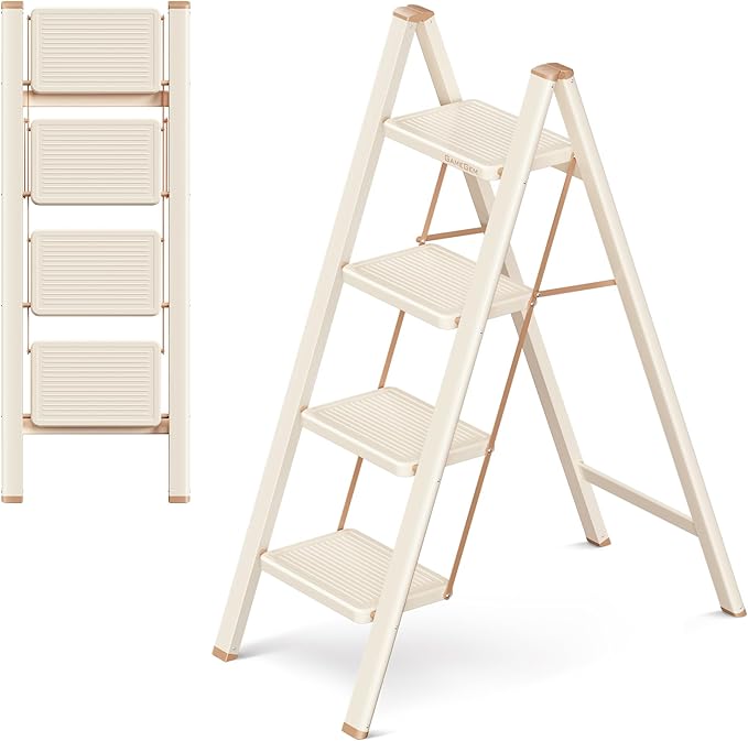 4 Step Ladder Folding Step Stool with Wide Anti-Slip Pedal, 330LBS Capacity, Lightweight Portable Stepladder for Home and Kitchen Use, Cream Chocolate