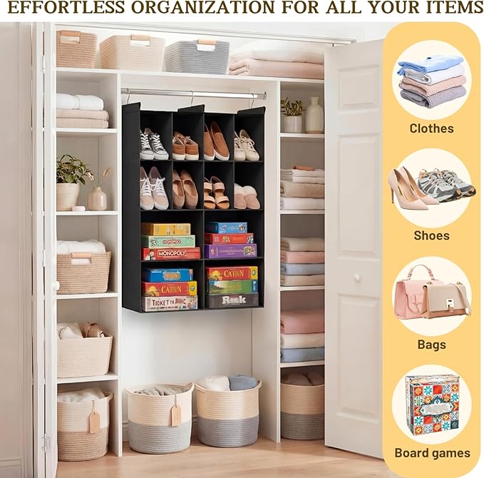 Ofiray-home 4 Tier Hanging Closet Organizer, 12 Compartments Sweater Organizer for Closet with 3 Sturdy Hooks, Closet Organizers and Storage, Wardrobe, Rv, Garment Rack, Black