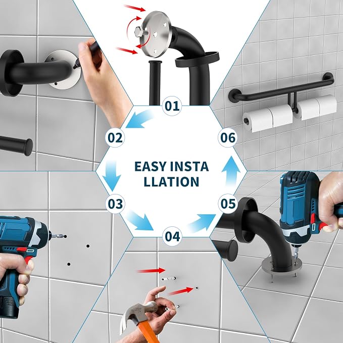 24 Inch Grab Bar w/Double Toilet Paper Roll Holder Black, iHansee Stainless Steel Shower Support Balanced Support Handle, Wall Mounted Safety Handrail Grab Rail for Elderly Senior Handicap Disabled