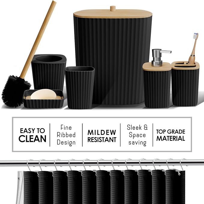 Clara Clark Bathroom Accessories Set - Bathroom Set, Bathroom Sets with Shower Curtain and Rugs, Shower Curtain Set with Bathroom Trash Can - Ombre Black - 22PC
