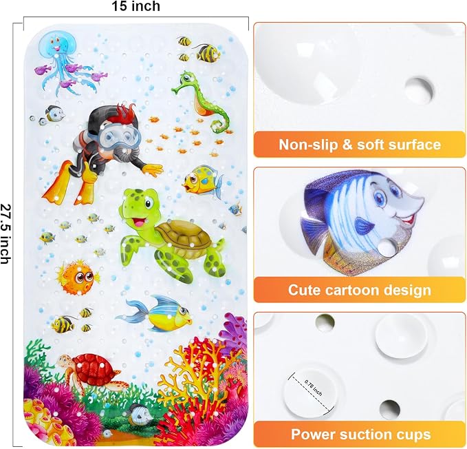Bath Mat for Tub Non Slip, Machine Washable Anti Slip Cartoon Baby Bathtub Shower Mat with Drain Holes and Suction Cups for Toddler & Kids, 27.5 Inch x 15 Inch-Rectangular, Turtle